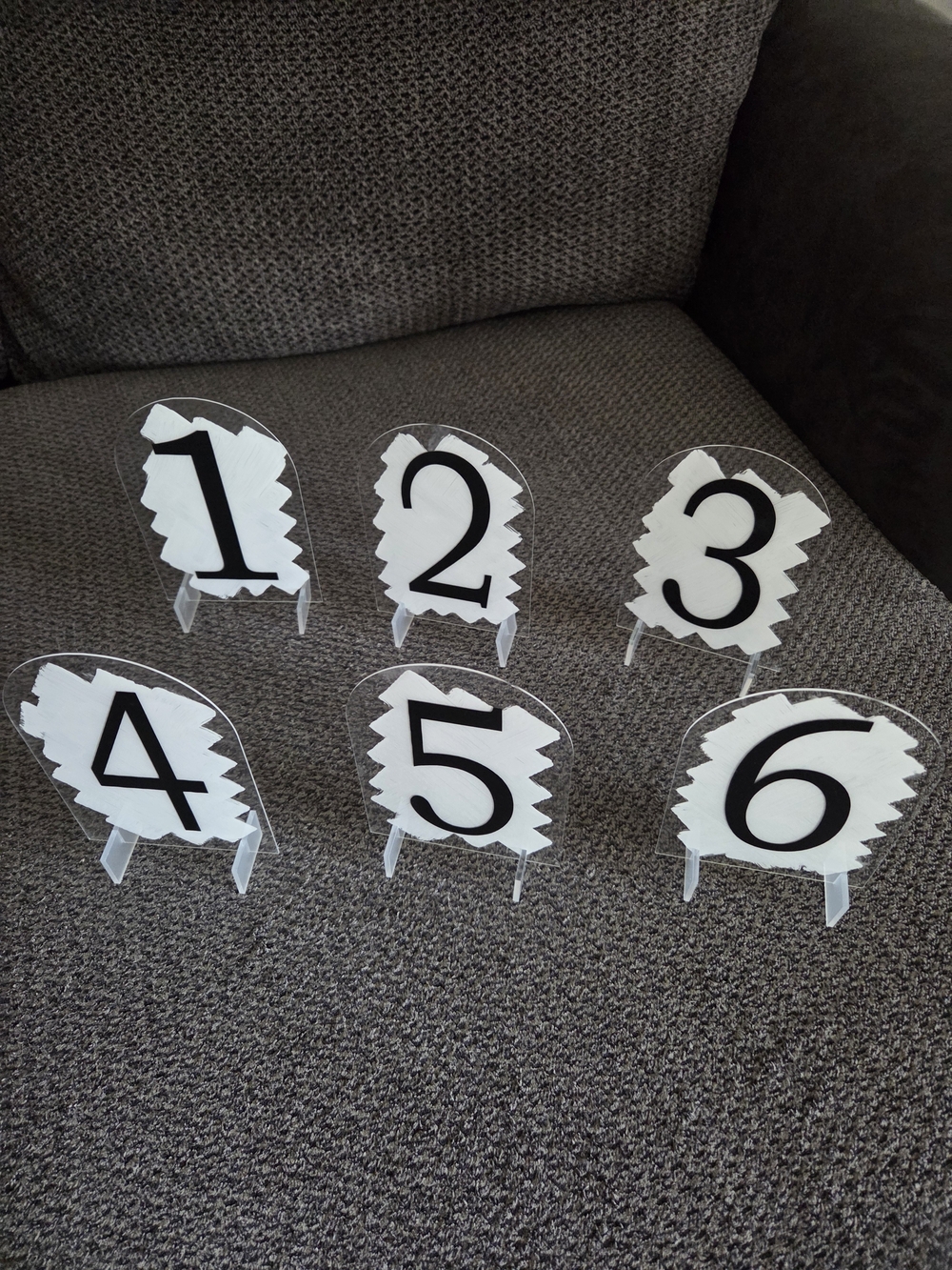 Handmade Acrylic Table Numbers Set 1-6 White with Black Numerals